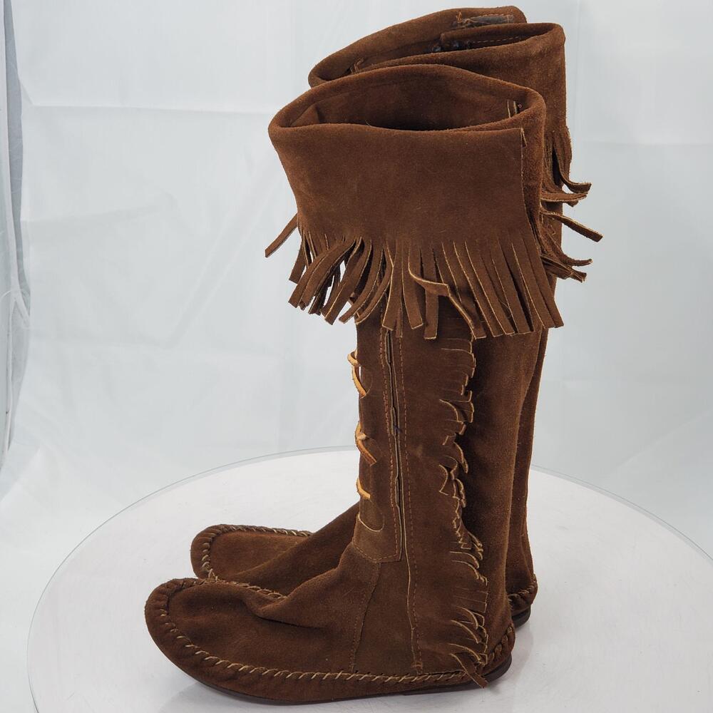 Vintage Fringe Moccasin Knee High Boots Women 6 Brown Suede Western Zip 4776